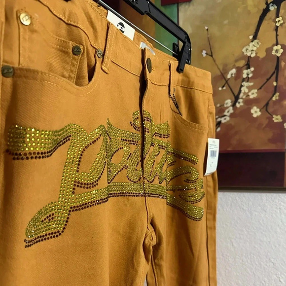 Politics rhinestone khaki/green distressed jeans men’s size 36/32 - Picture 6 of 13